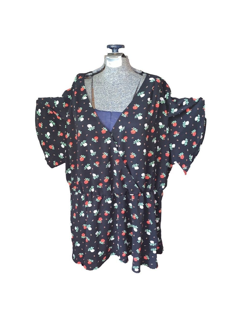 Women's Bloomchic Black Floral faux Wrap blouse Plus Size 22 Red White Roses
